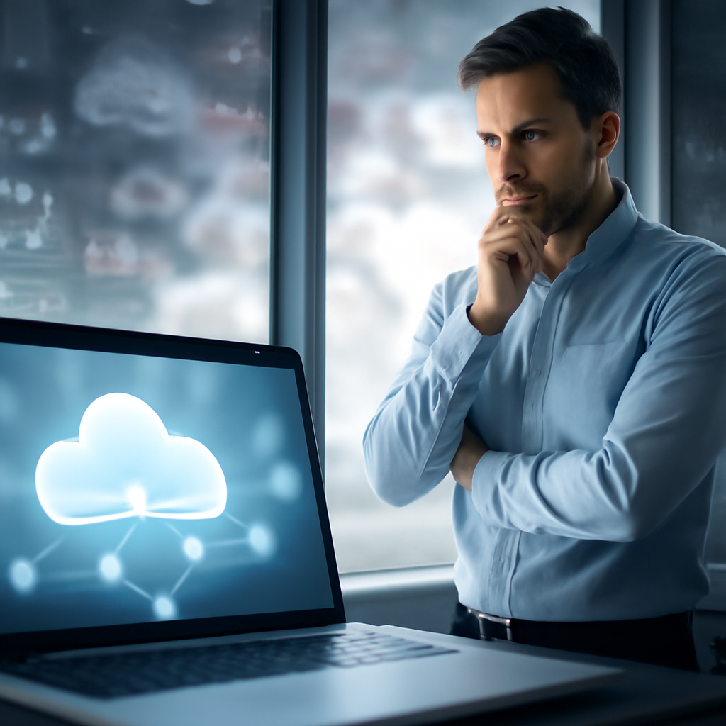 Security professional stands before a cityscape window with looming digital threats.