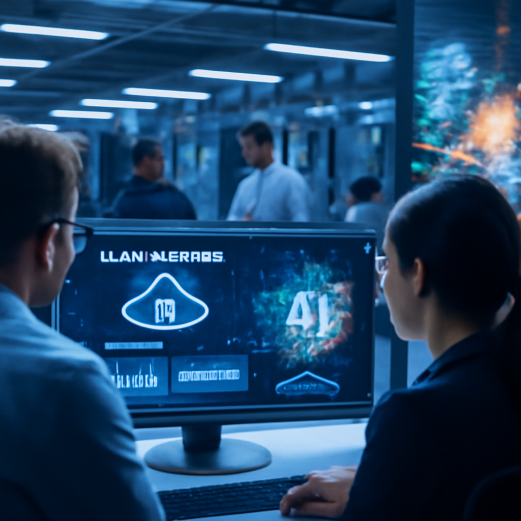 Security practitioners overlook threats on a large computer screen in a brightly-lit cloud data center.