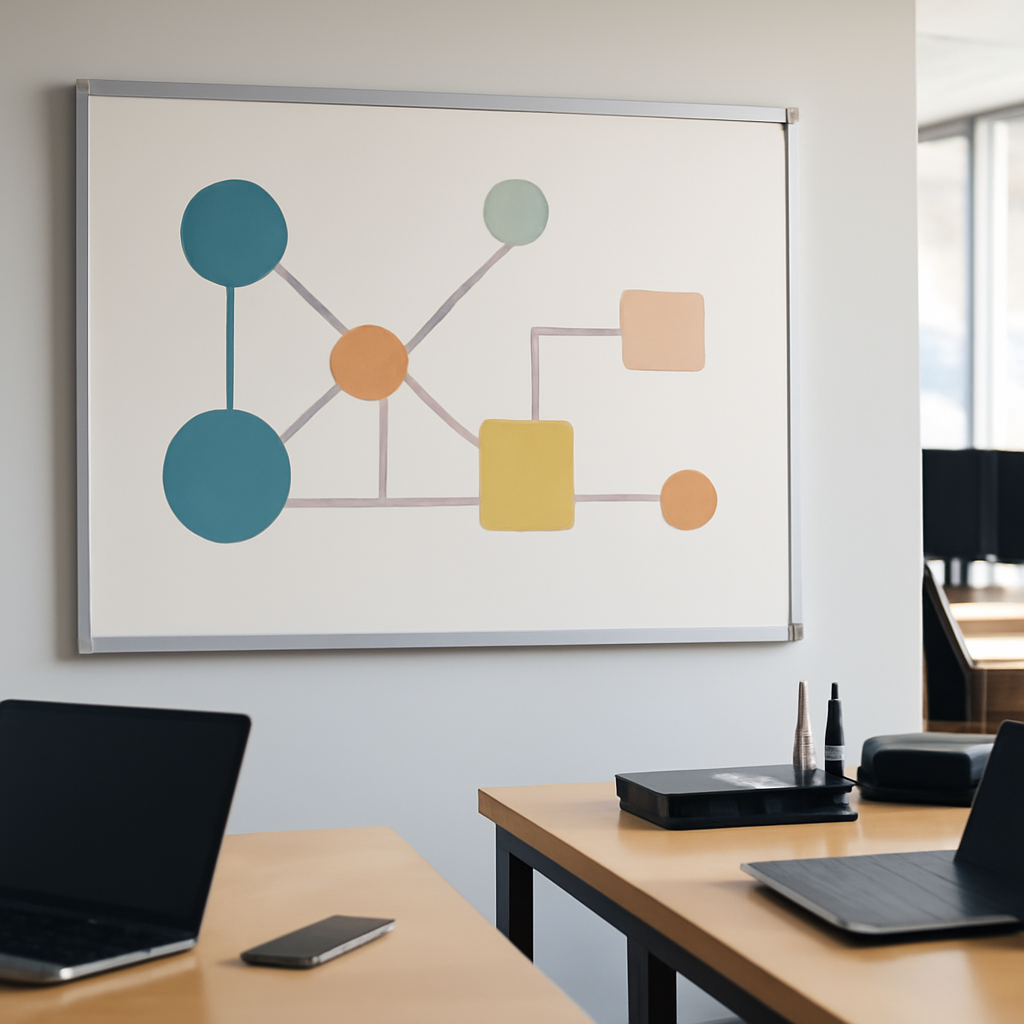 Empty security operations center workspace with screens and a large whiteboard displaying a stylized network of…