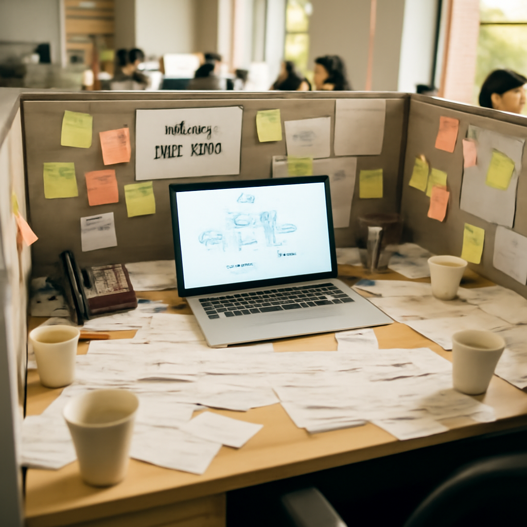 Cluttered office cubicle with laptop and papers, coworkers in blurred background.