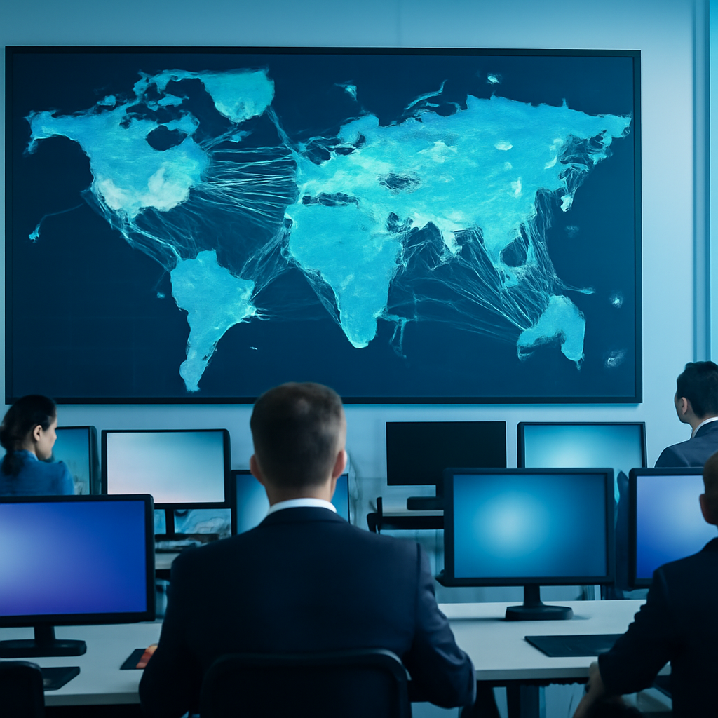 Network operations center with large screen displaying internet map and analysts at workstations.