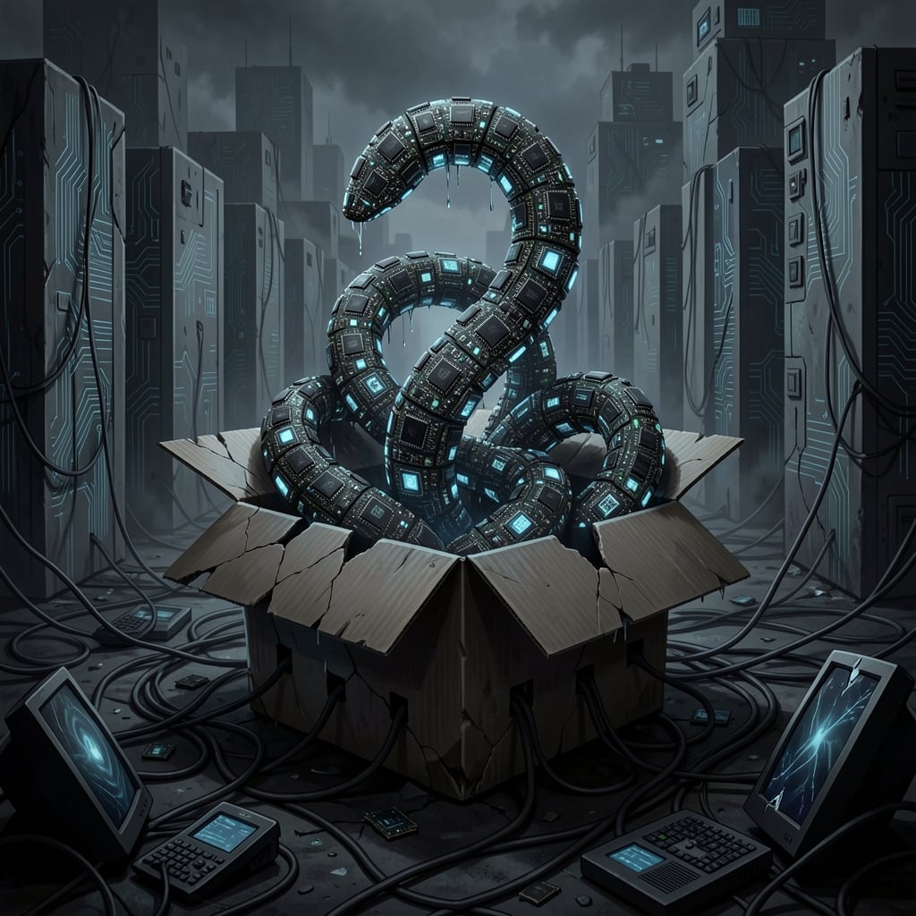 Massive tangled worm emerges from cracked package box amidst shattered screens and wires, with ominous cityscape looming in…