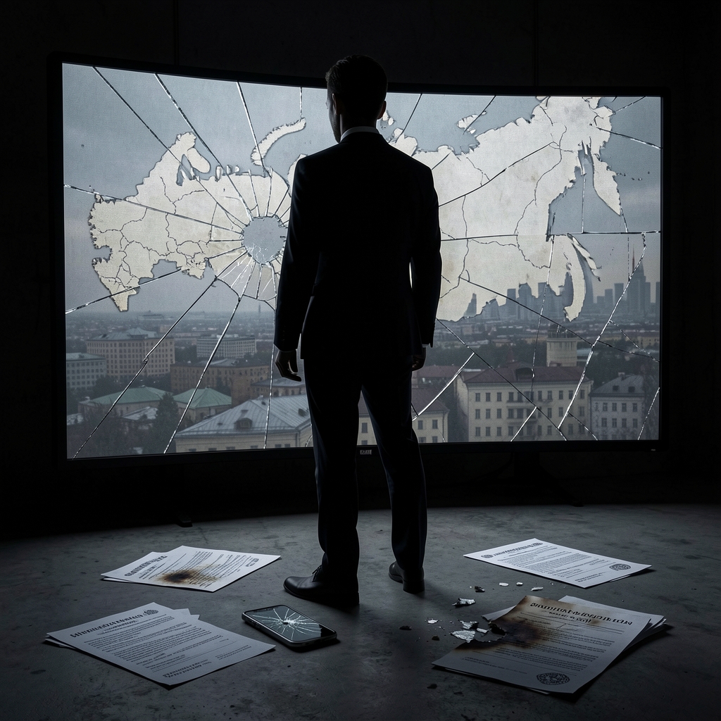 Shadowy figure stands before cracked screen displaying Russia map, with shattered phone and documents nearby.