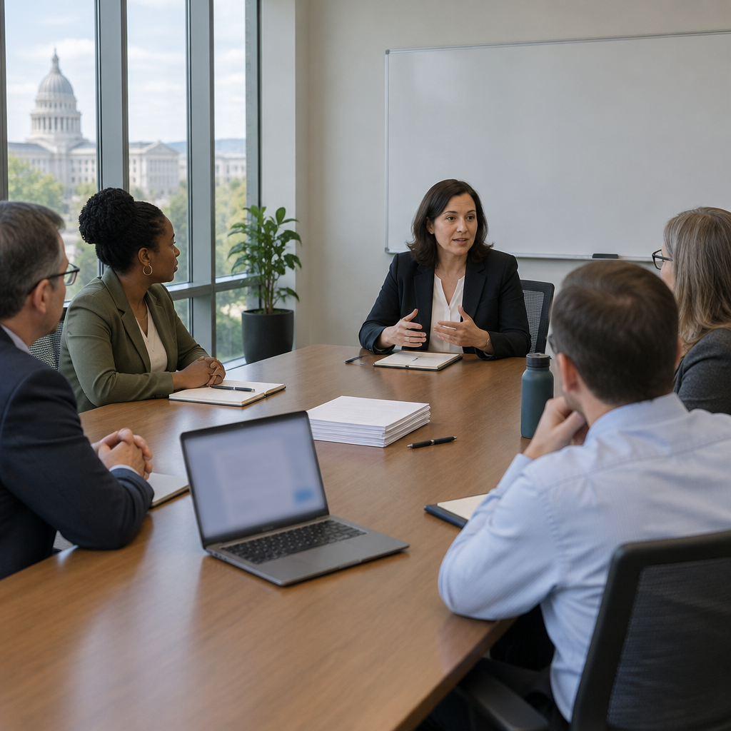 Government agency conference room with people seated around a table near a whiteboard and windows.