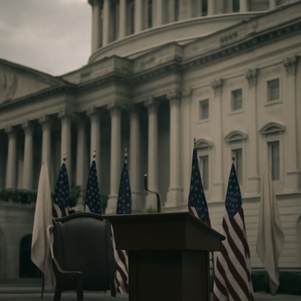 Somber scene outside US Capitol building with empty Senate seat, muted flags, and columns on a cloudy day.