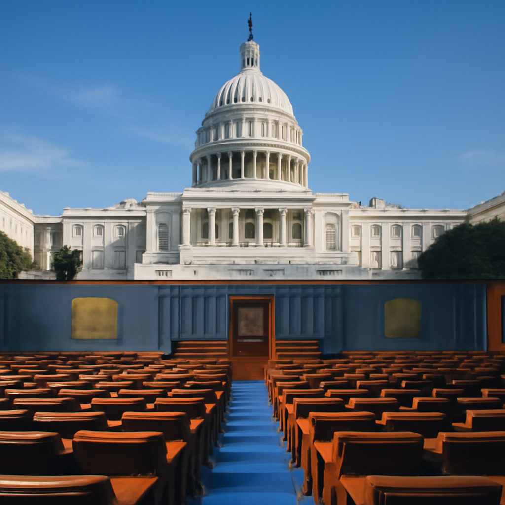 US Capitol building with empty Senate benches under a clear blue sky.