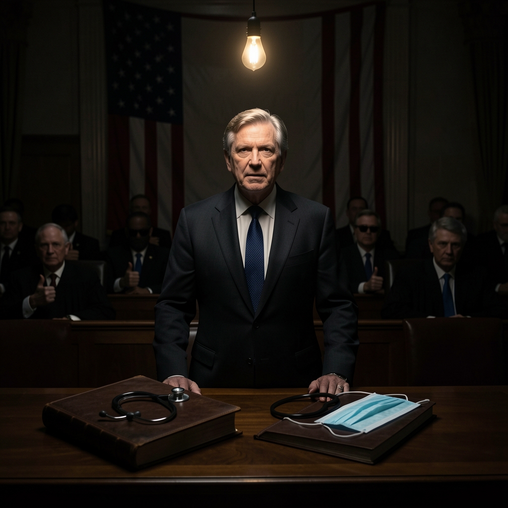 RFK Jr. stands in a dimly lit Senate chamber with an American flag behind him and a single flickering light bulb overhead.