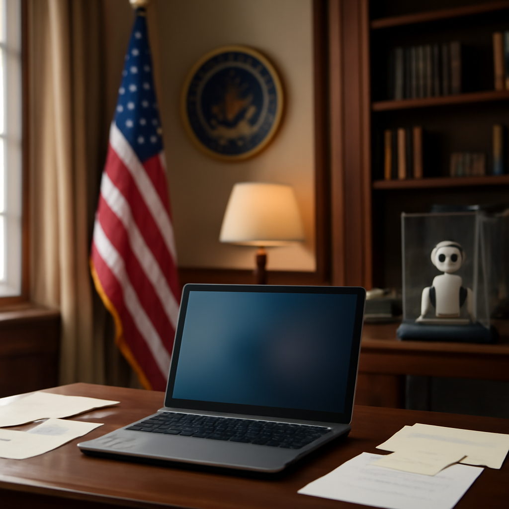 Government office desk with laptop, papers, and subtle robotic device hint.