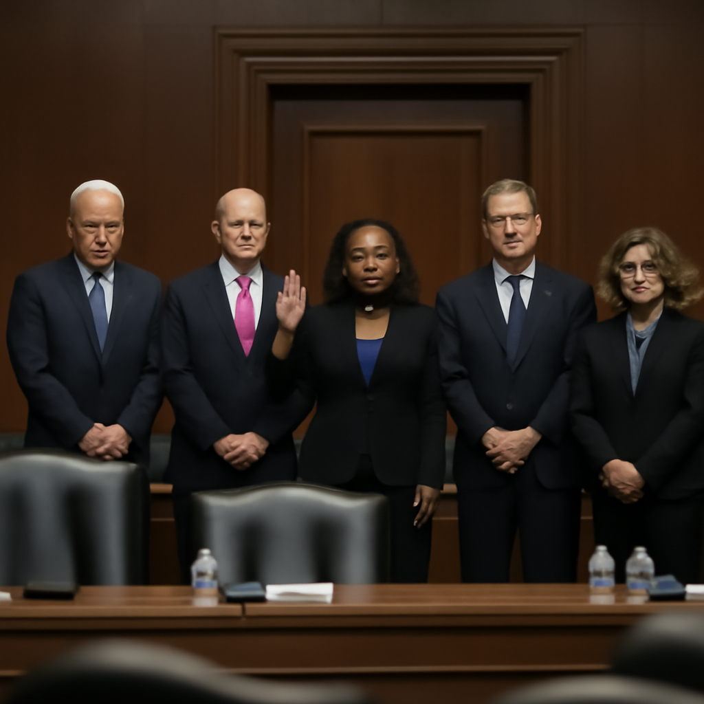 Officials in business attire stand together before a wood-paneled backdrop.