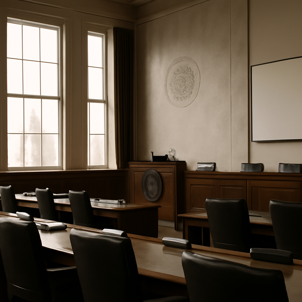 Formal Senate committee room with empty chairs and podium, bathed in natural daylight.