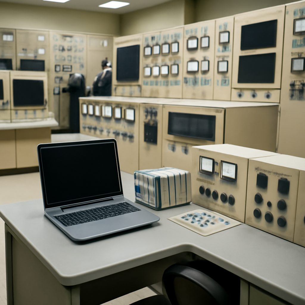 Industrial control room with analog and digital equipment, technicians in background.