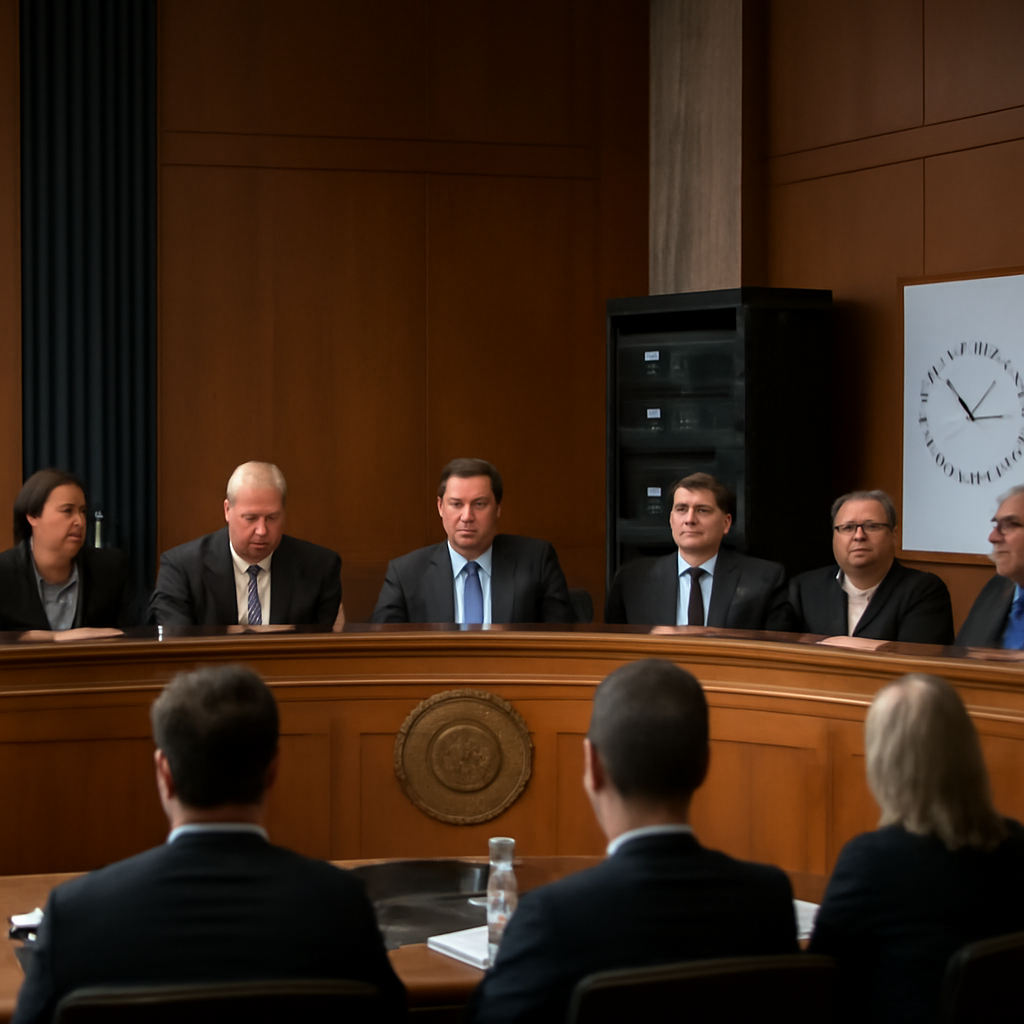 US Senate chamber with officials and subtle network equipment in background.