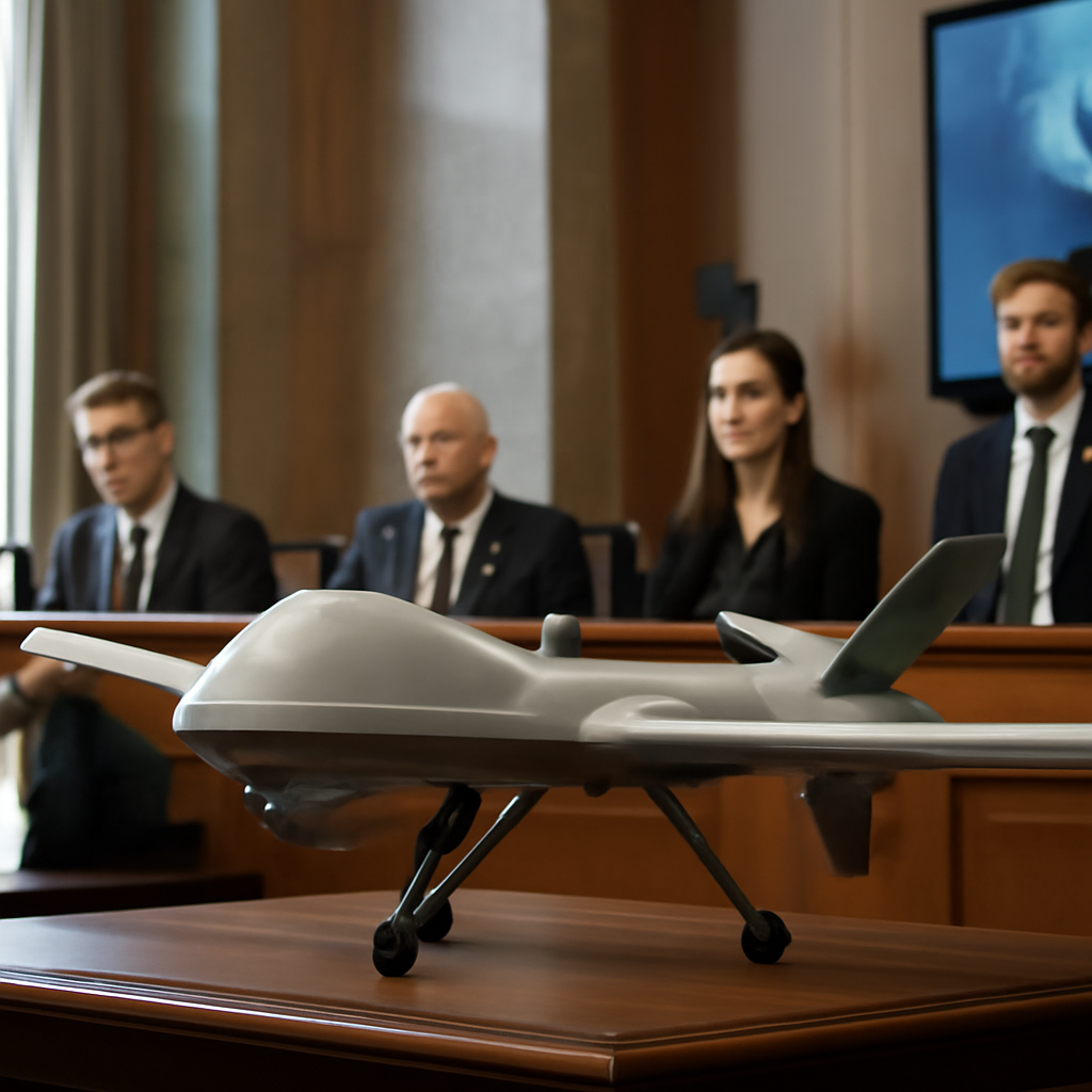 Senate aides gather around a large model of a drone on a table in a formal hearing room setting.