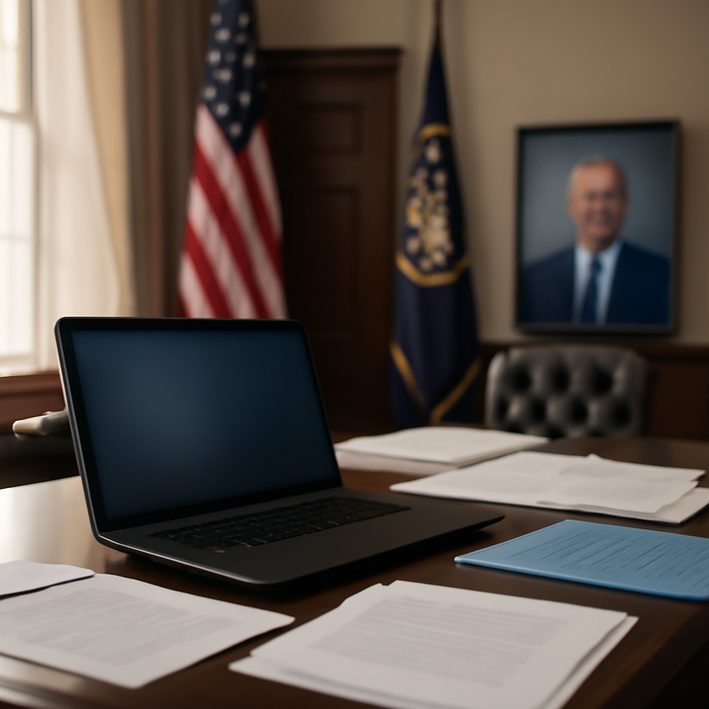 Government office interior with laptop, papers, and subtle hint of person's face in background.