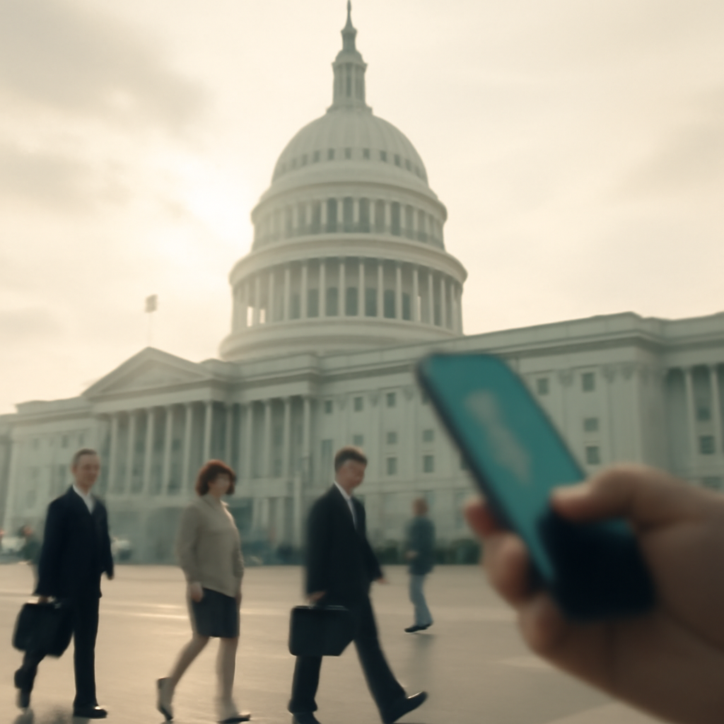 US Capitol building with people walking, hint of technology in the foreground.