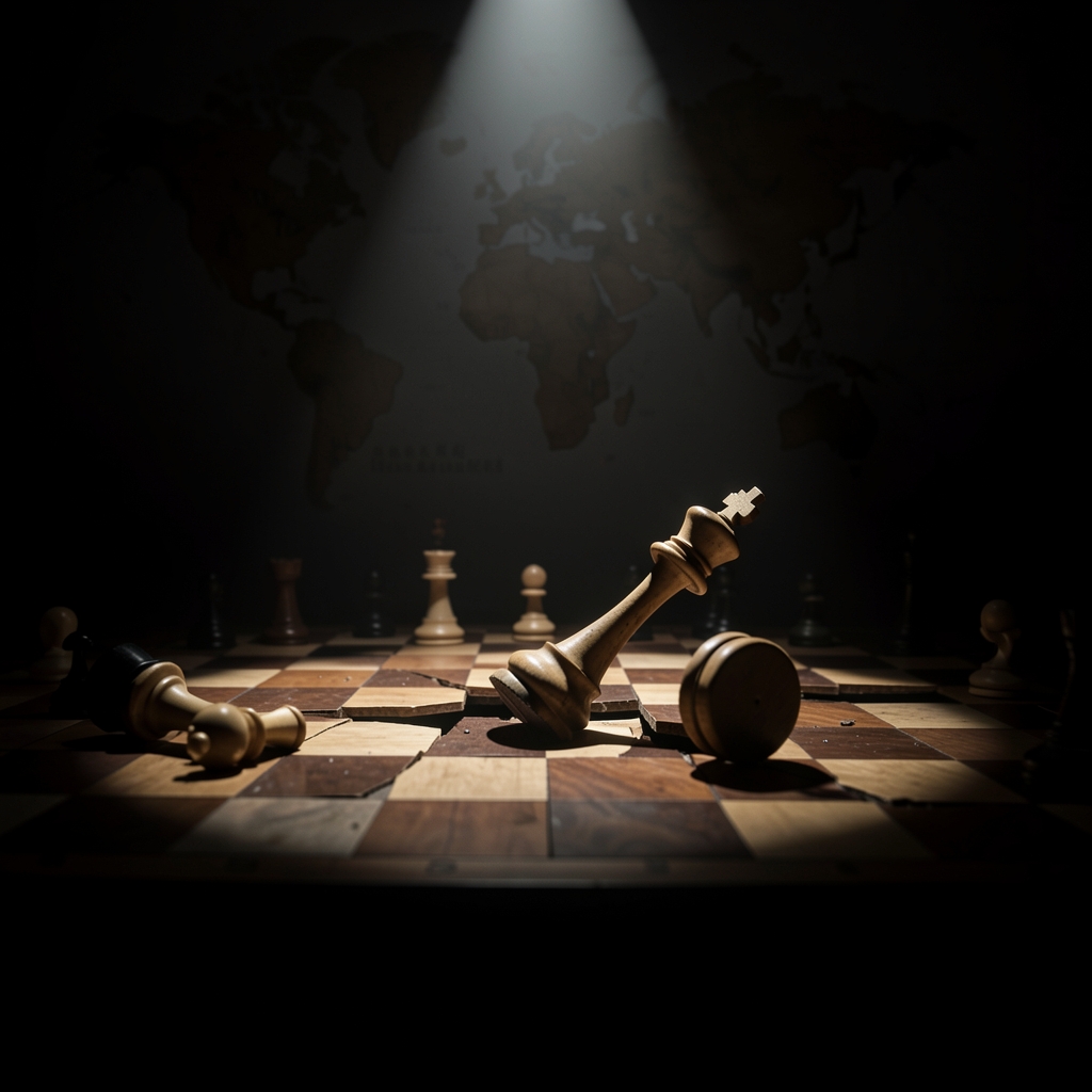 Broken chessboard with lone king piece fallen, spotlight shining down, against a subtle world map background.