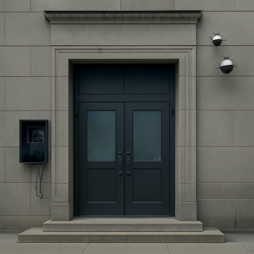 Government building exterior with subtle tech infrastructure.