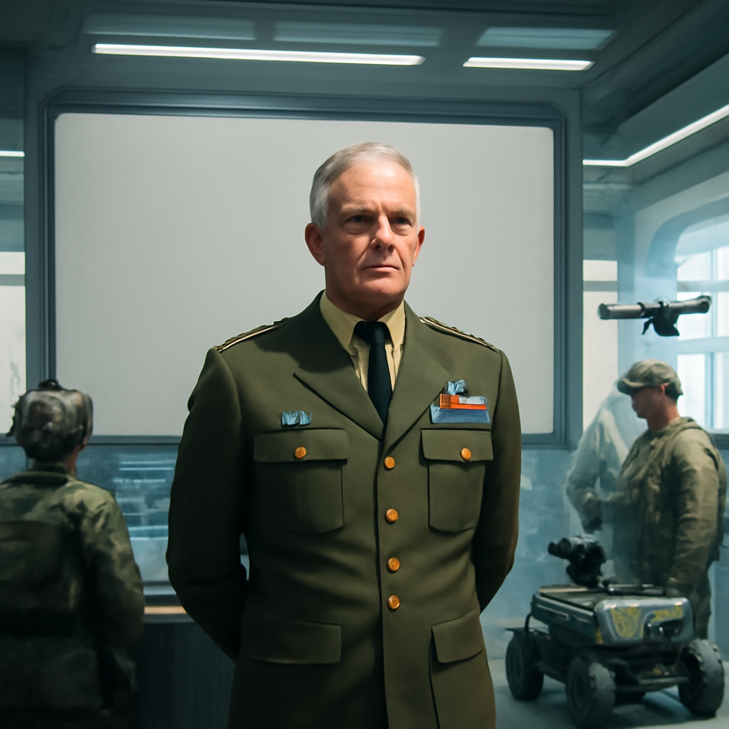 Four-star general stands in futuristic command center with military personnel and autonomous systems equipment.