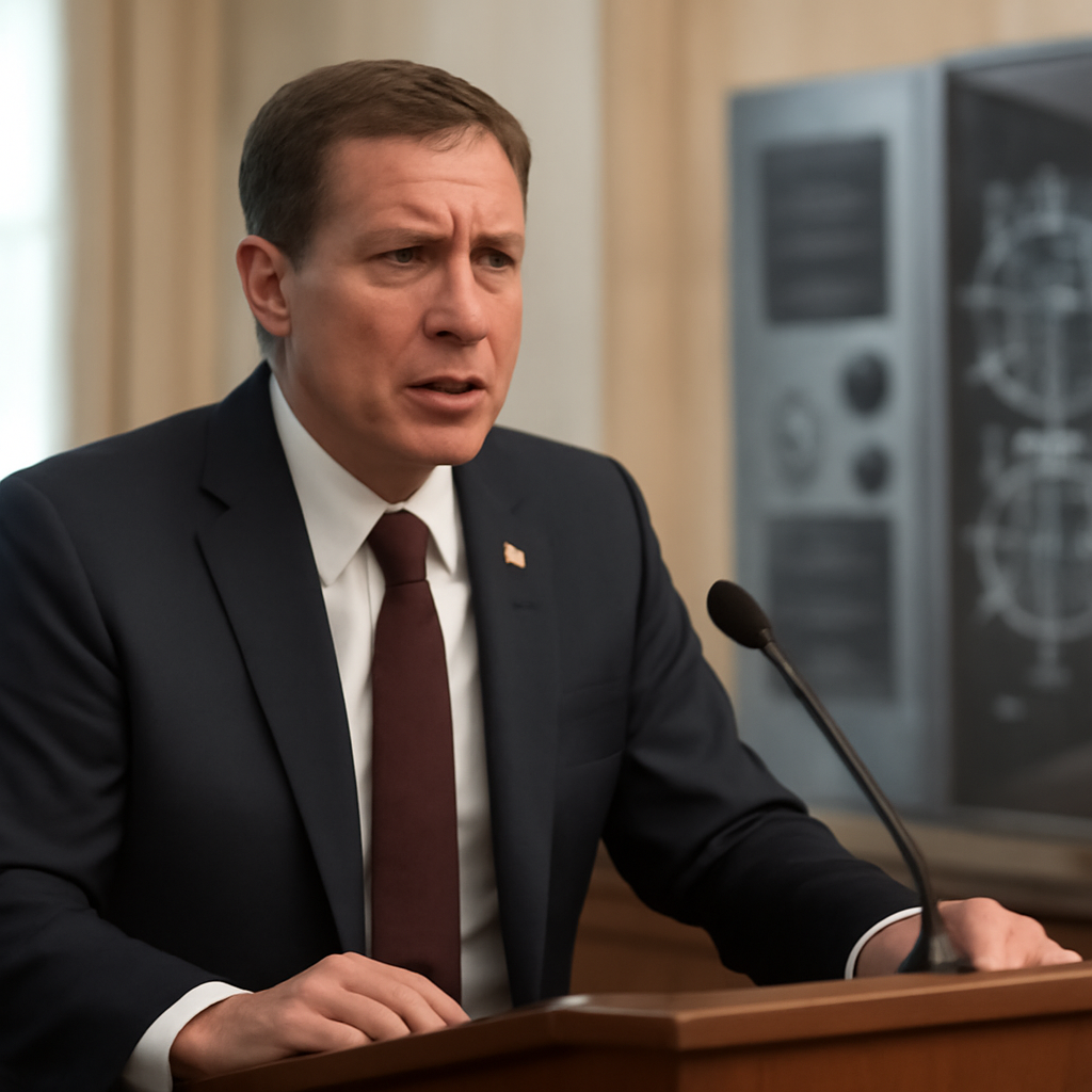 Government official stands at podium with blurred computer equipment in background.