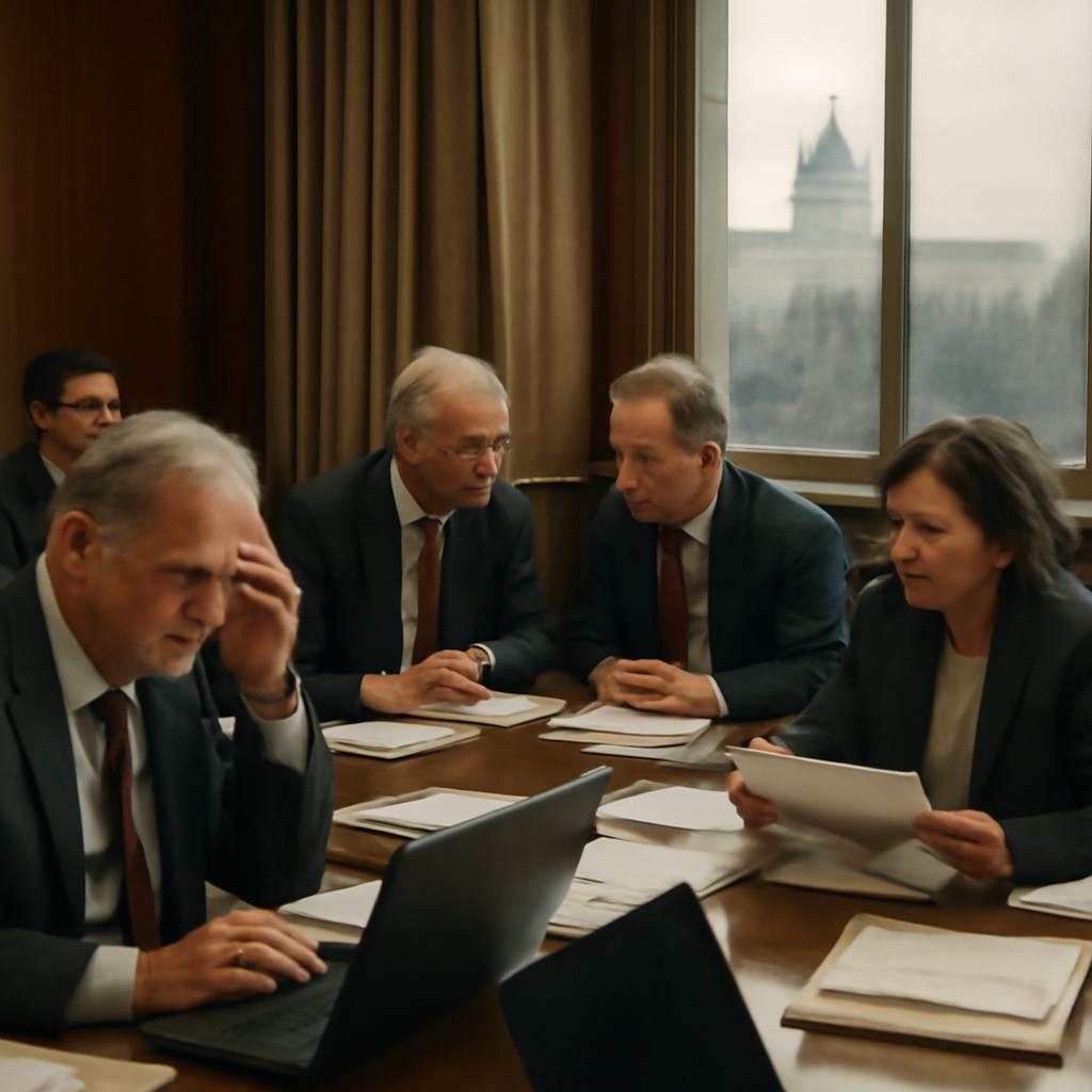 Senators and officials seated around a table, conveying concern and uncertainty.