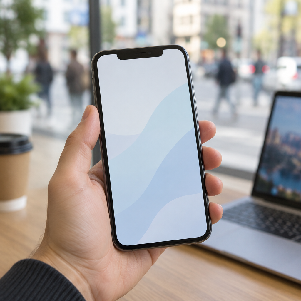Smartphone screen shows generic online ad with blurred city street background.