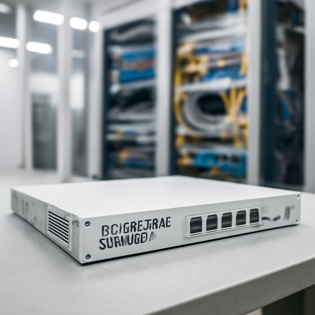 Secure email gateway device on industrial workbench in server room with network equipment blurred in background.