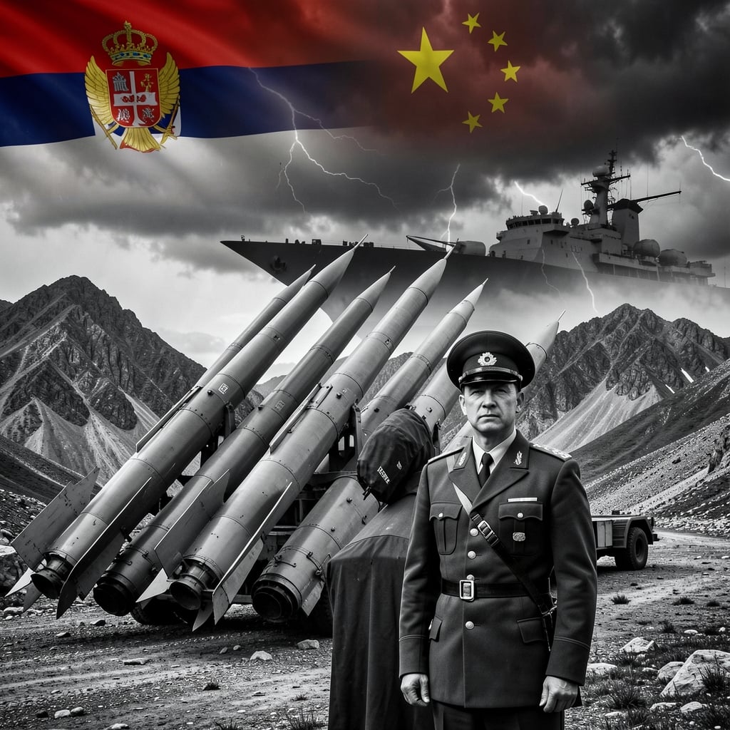 Serbian military personnel stand before a row of high-speed missiles under a stormy sky.