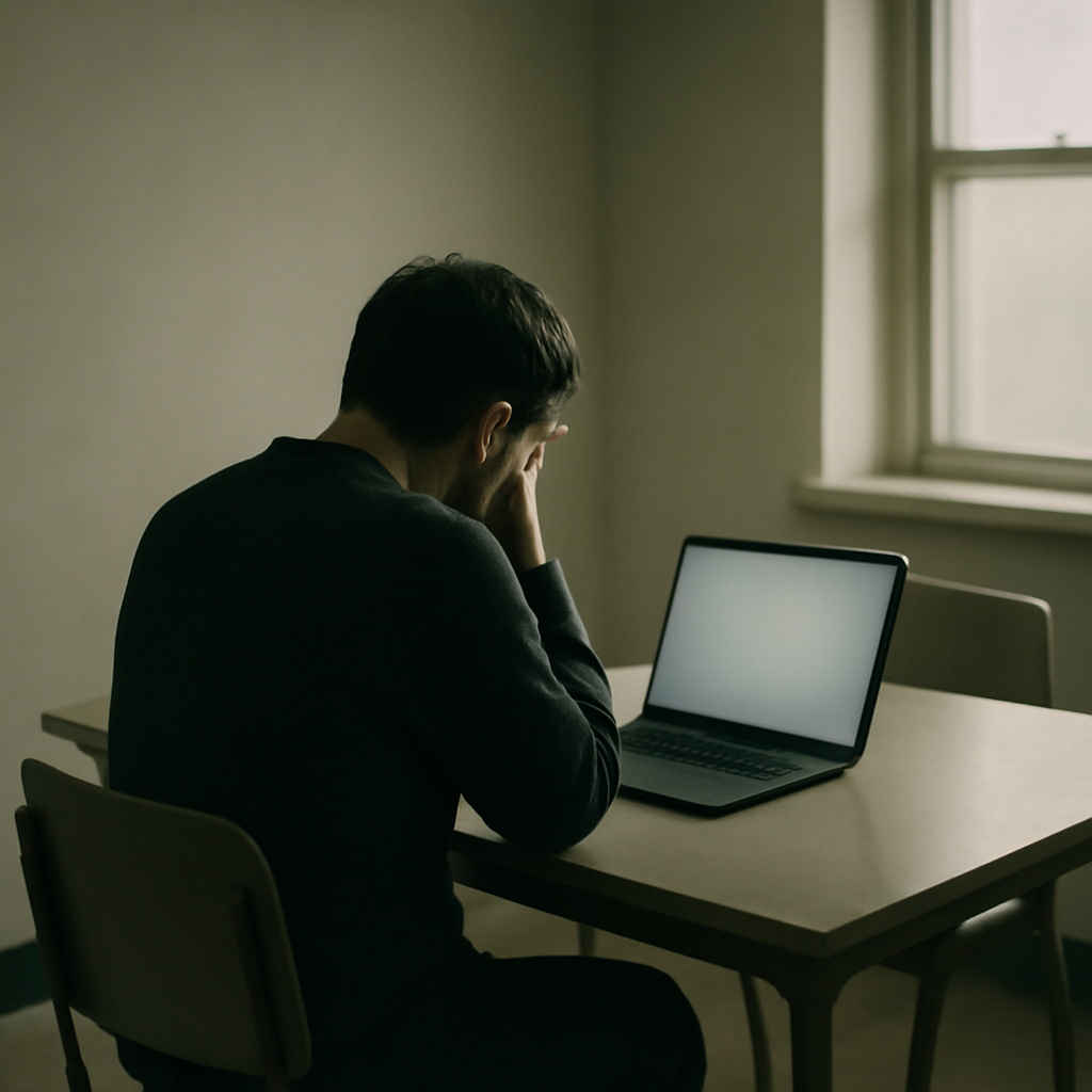 Person sitting alone in a quiet room with an open laptop, surrounded by soft natural light.
