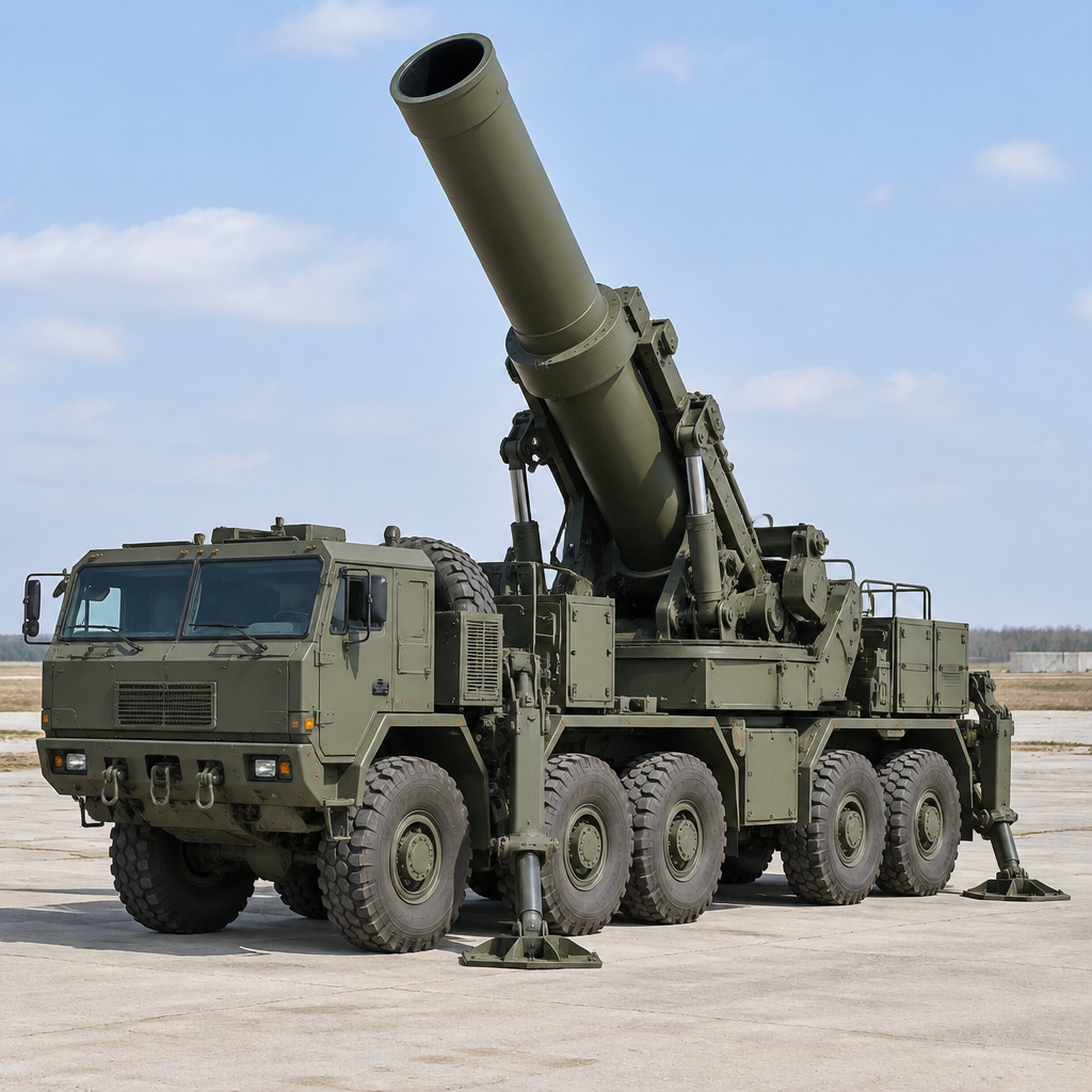 TSMB M-25 heavy self-propelled mortar on a wheeled truck in a firing position.