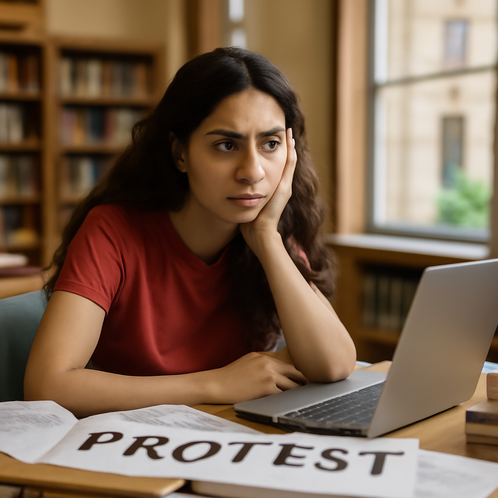 Student activist studies at university table with laptop and papers nearby.