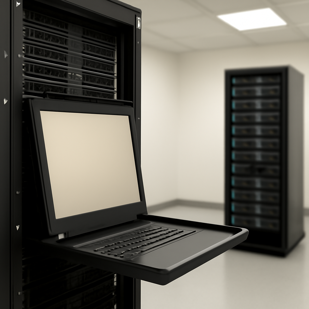 Brightly-lit server terminal on a rack in a daytime data center setting.