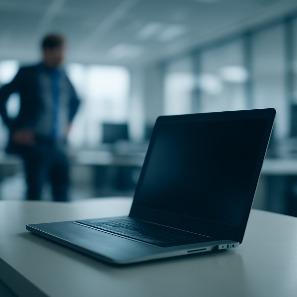 Laptop on a neutral desk in a blurred office setting.