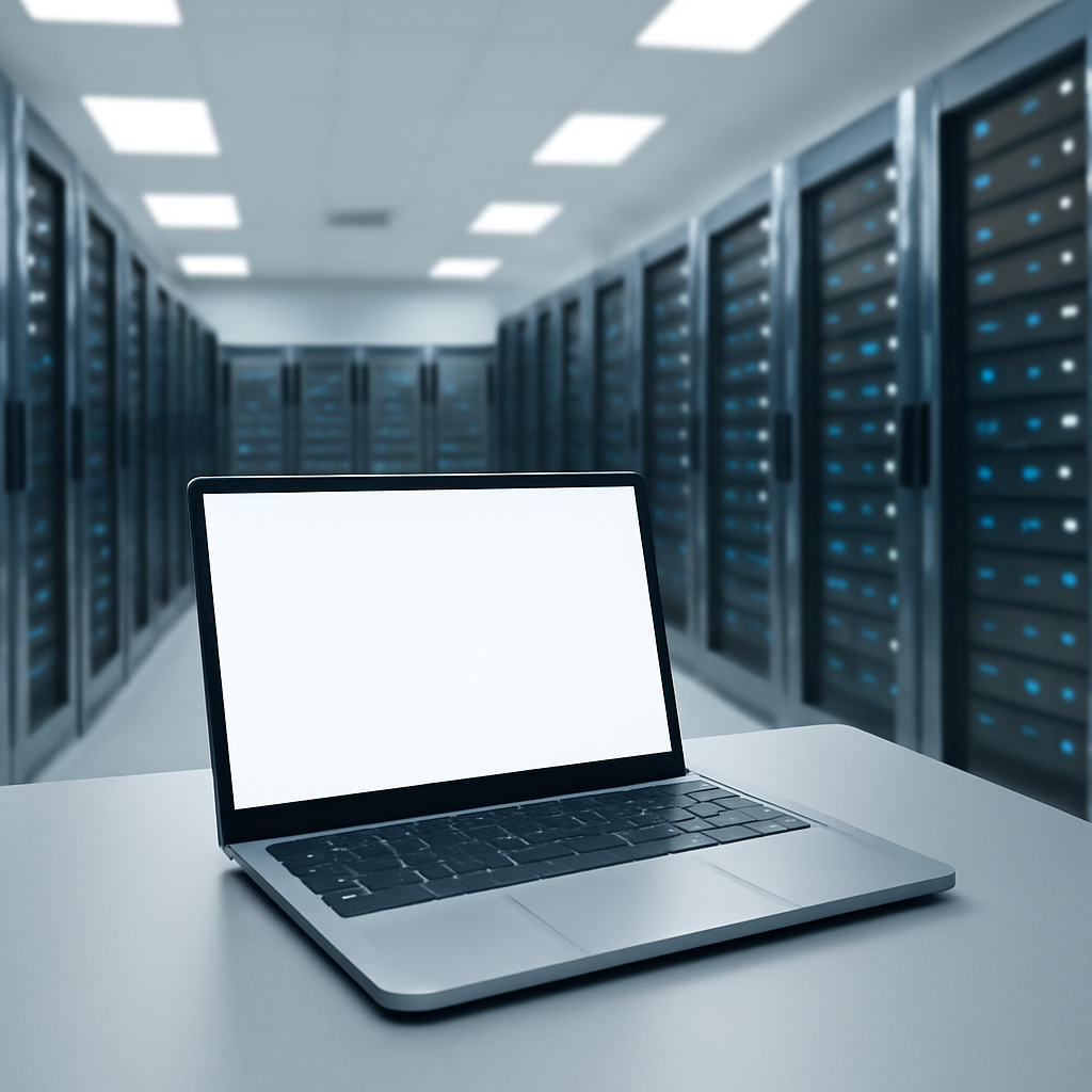 Modern tech company's server room with rows of equipment and a single laptop workstation.