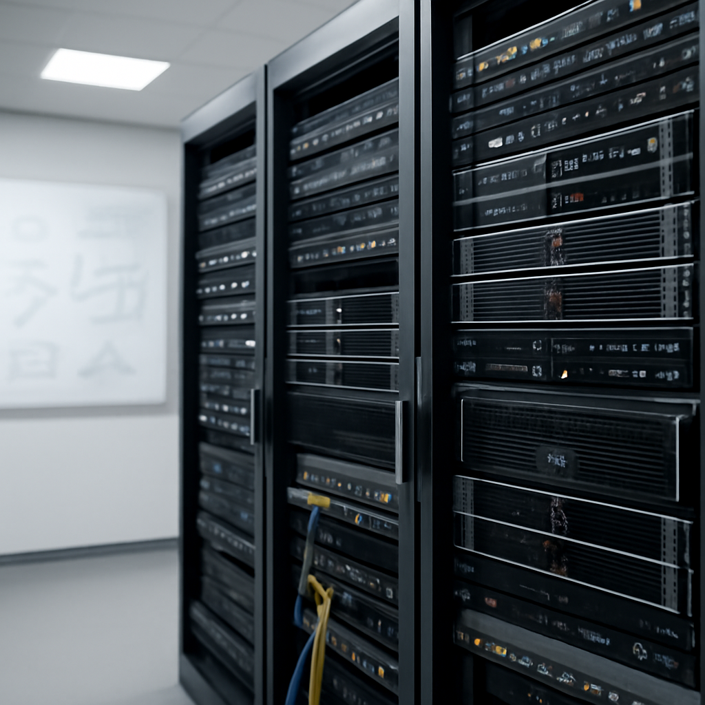 Rows of computer servers and networking equipment in a brightly-lit data center.