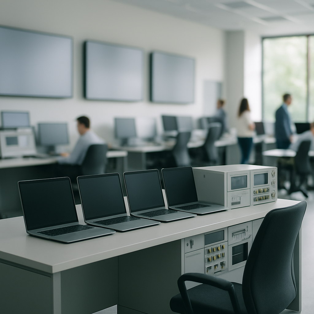 Modern technology command center with sleek console and multiple laptop screens.