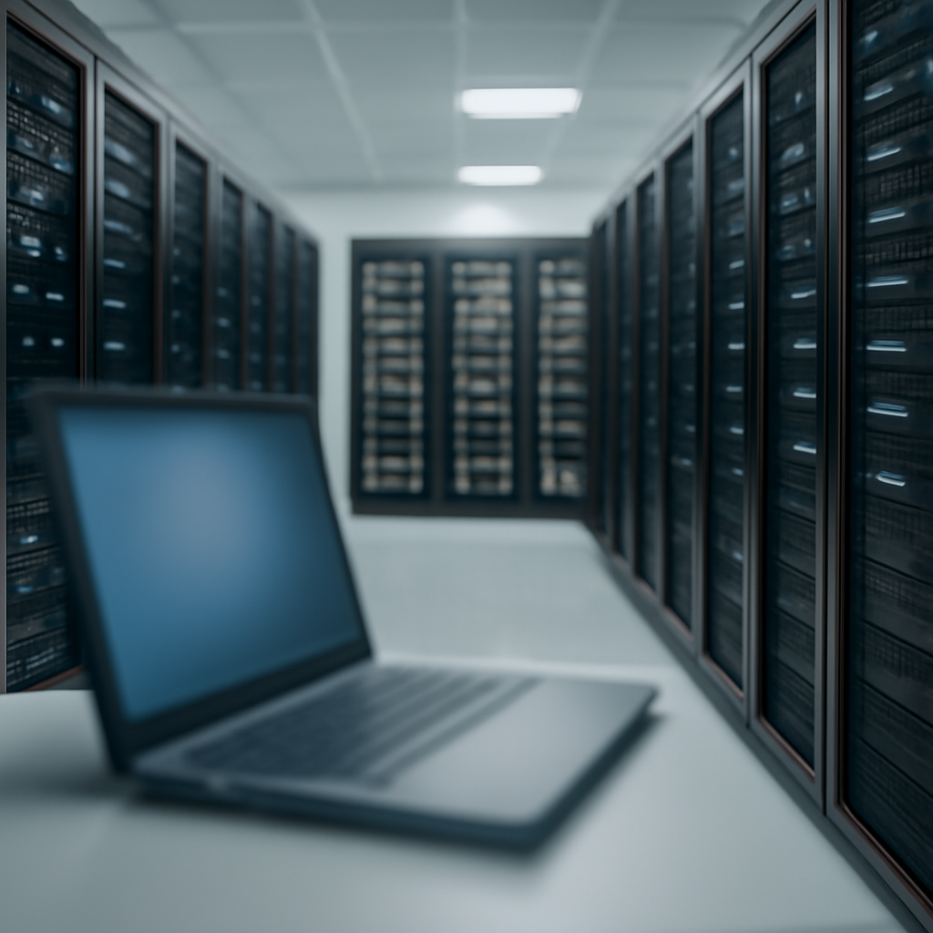 Rows of computer servers and networking equipment in a brightly-lit server room with a single blurry laptop in the…