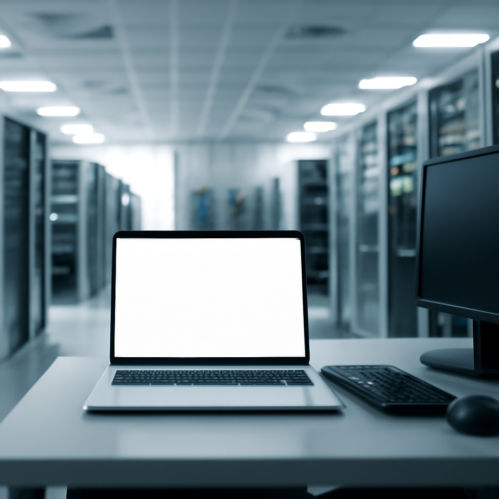Modern office workstation with laptop and computer setup amidst blurred server room equipment.