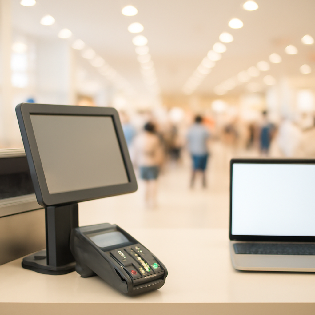 Retail store interior with a checkout counter in the foreground and blurred shopping areas in the background.