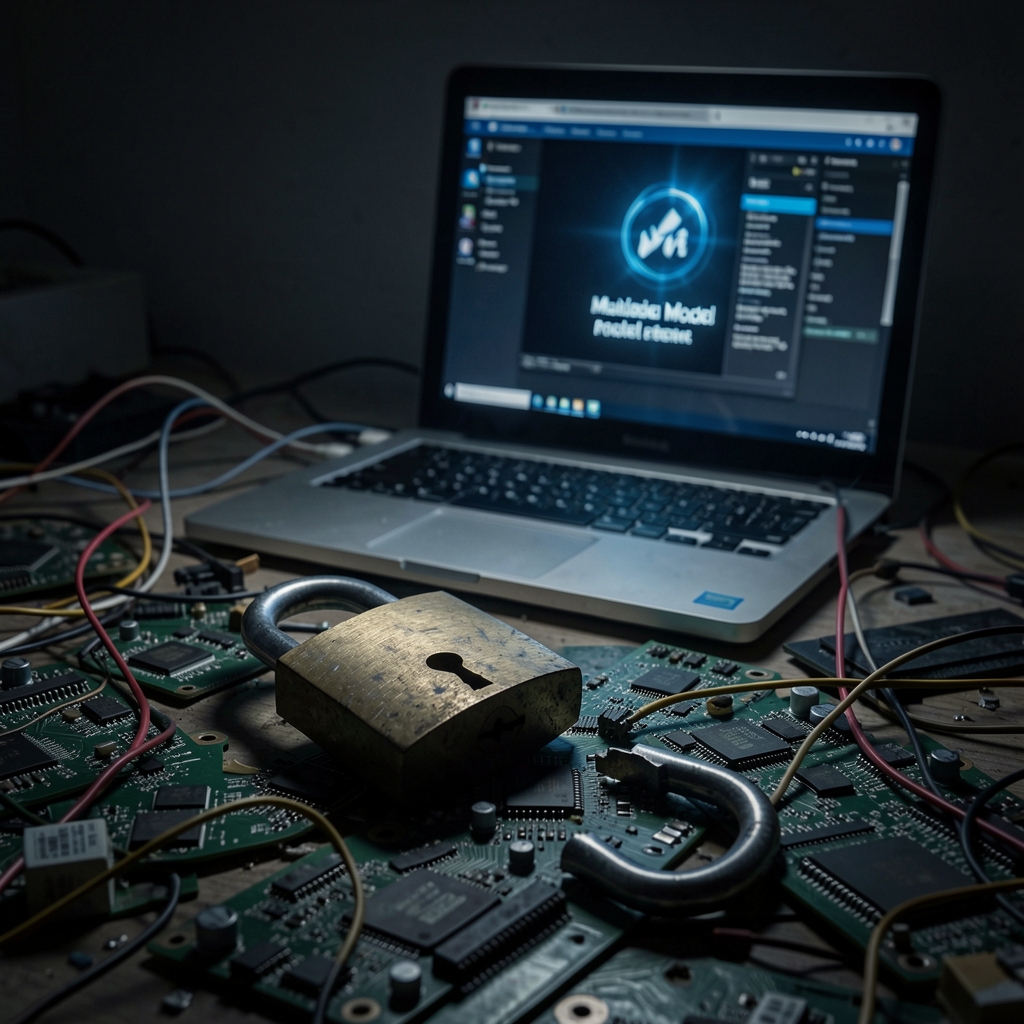 Dark scene with broken padlock, circuit boards, and laptop screen displaying malicious model file in shadows.