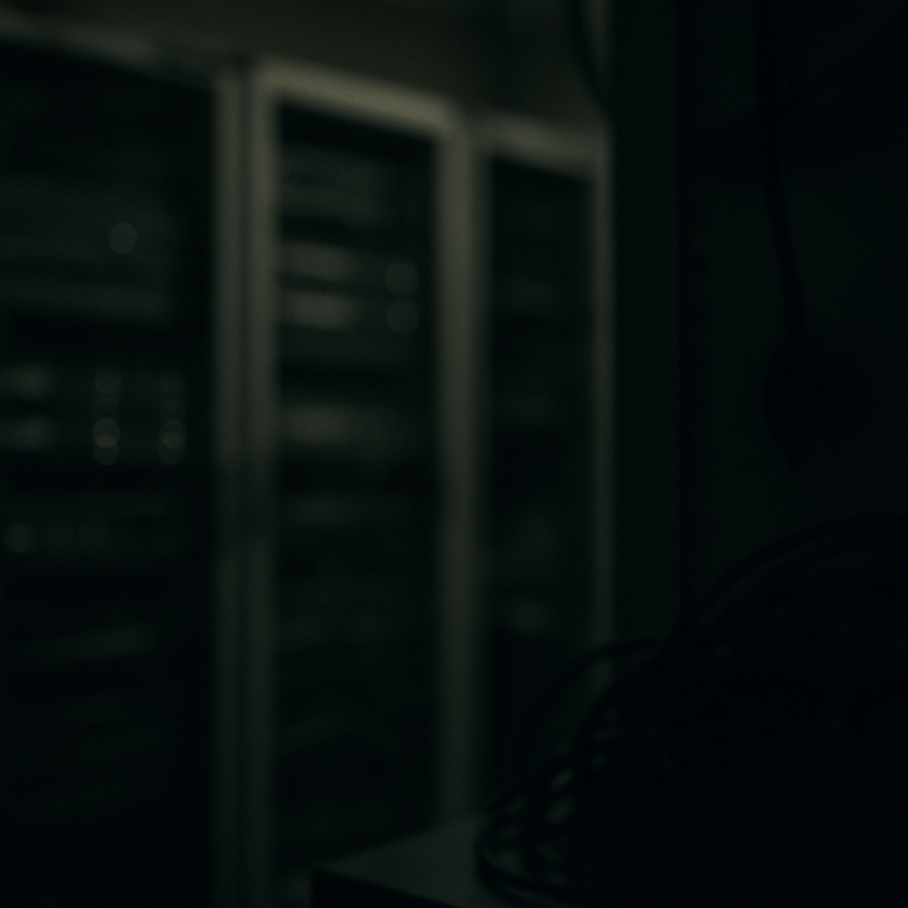 Dimly lit server room with blurred-out equipment and subtle hints of hidden devices.