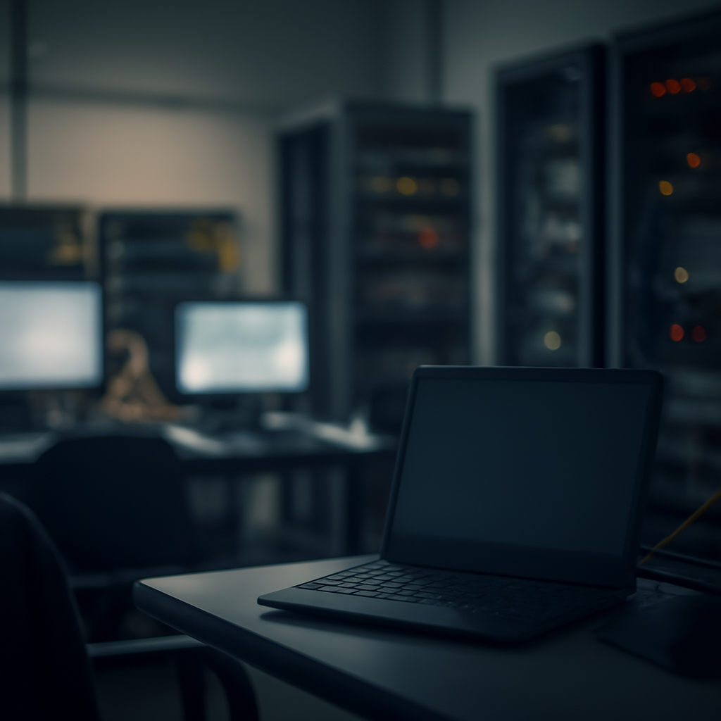 Darkened network operations center with blurred computer equipment at dusk.