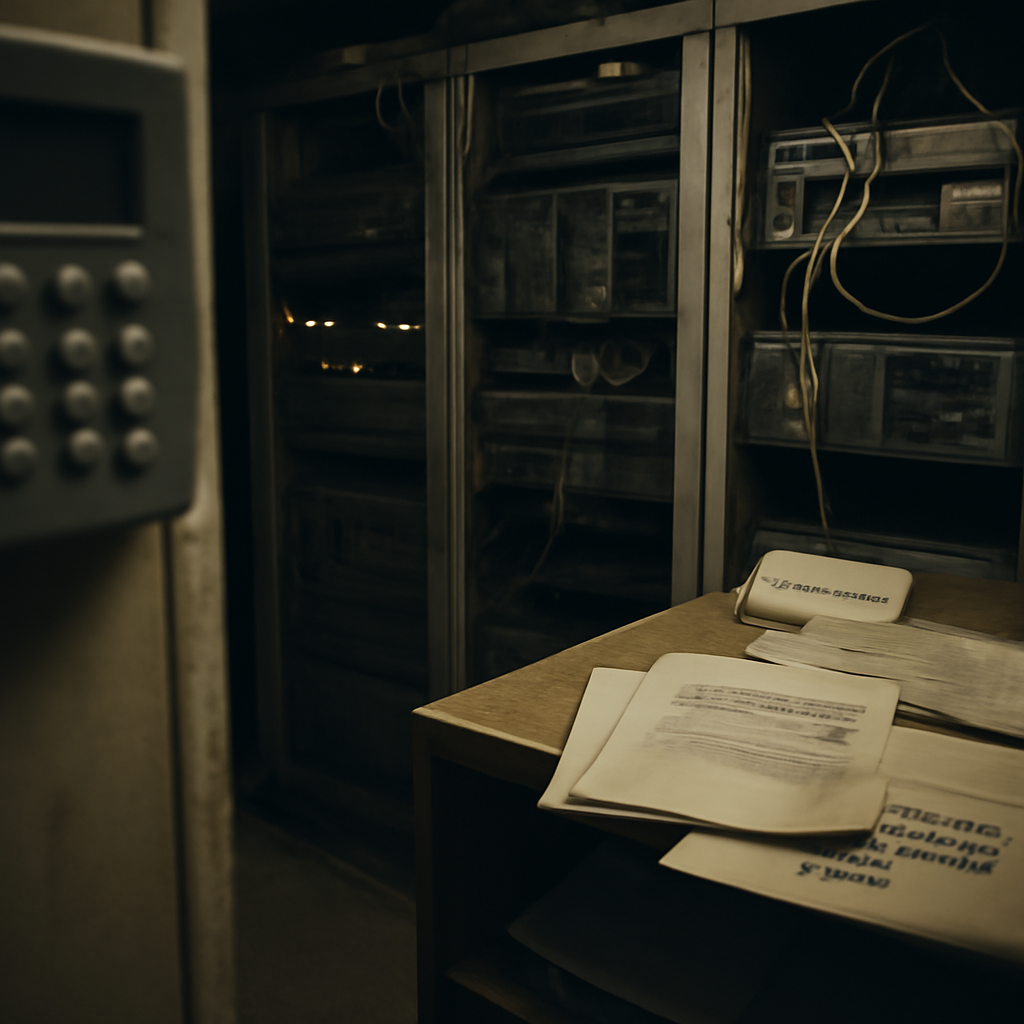 Dusty, idle computer servers and network equipment in a dimly lit, abandoned server room.