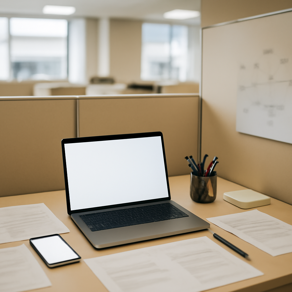 Empty office cubicle with laptop and smartphone on desk, surrounded by papers and office supplies.