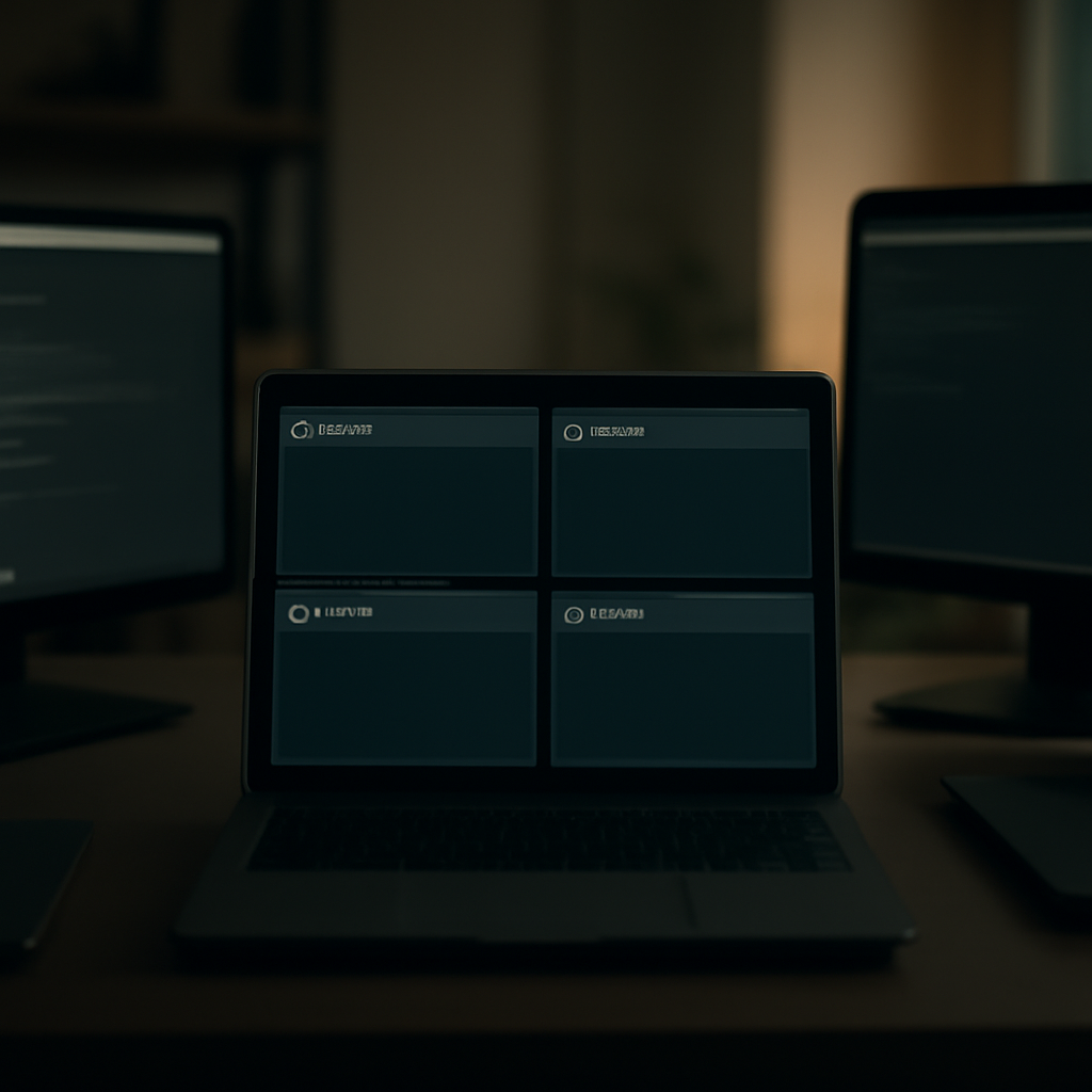 Dimly lit development workspace with laptop and empty GitHub repositories or terminal windows.