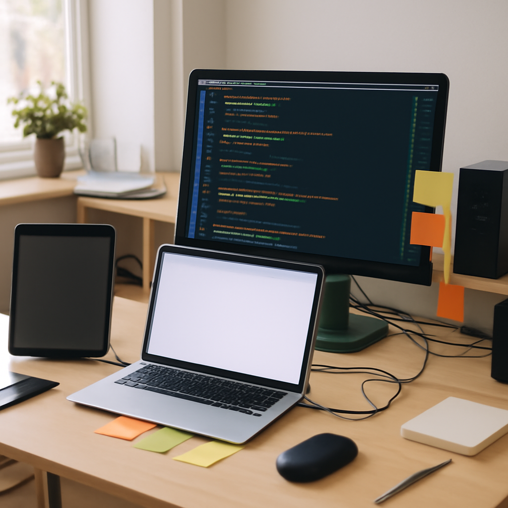 Cluttered developer workstation with screens, devices, and cords, but no person present.