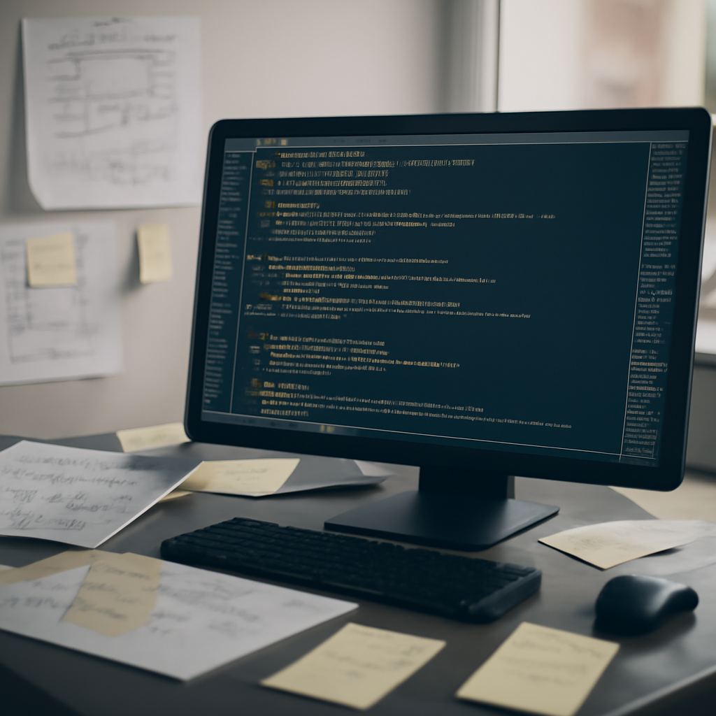 Coding environment with lines of code on screen, surrounded by notes and diagrams.
