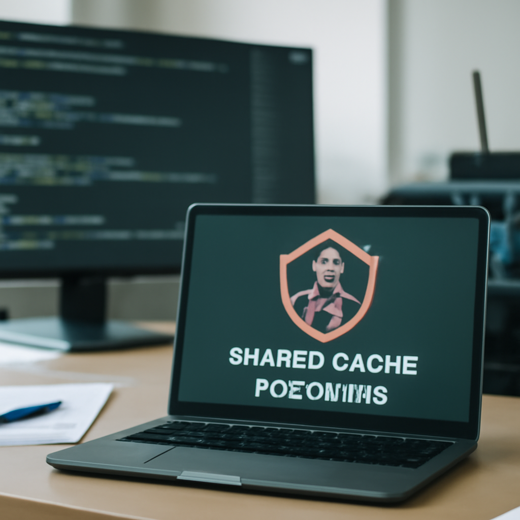 Developer workstation in shared office with laptop and large monitor displaying signs of GitHub Actions shared-cache…
