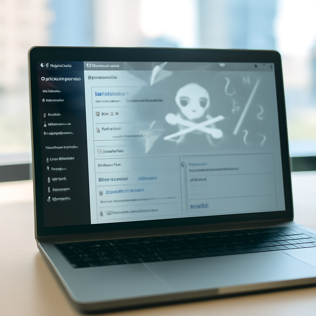 WordPress website backend on laptop with coding symbols overlaid.