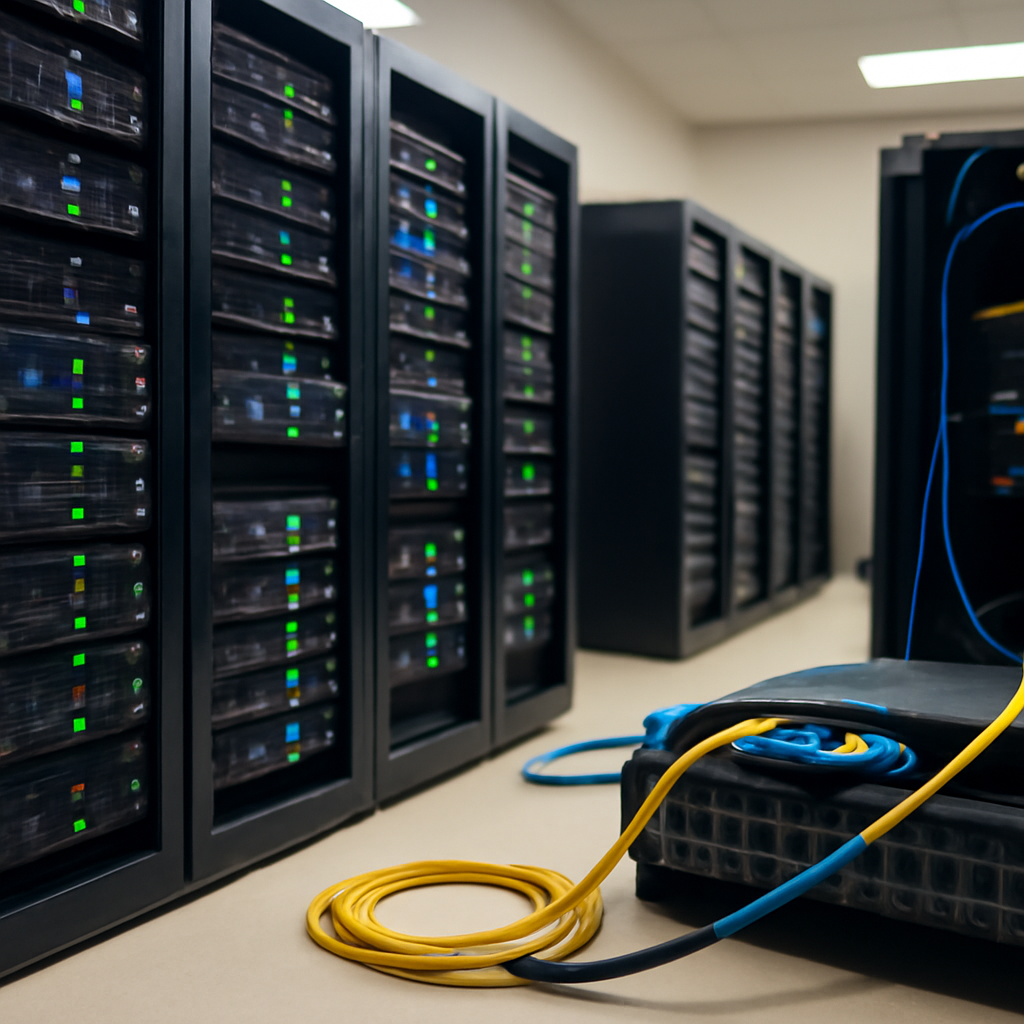 Rows of computer servers and storage systems in a brightly-lit corporate data center.
