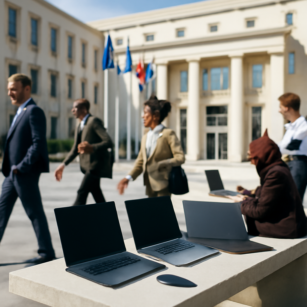 Government building exterior with laptops and diverse people, hinting at global connectivity.